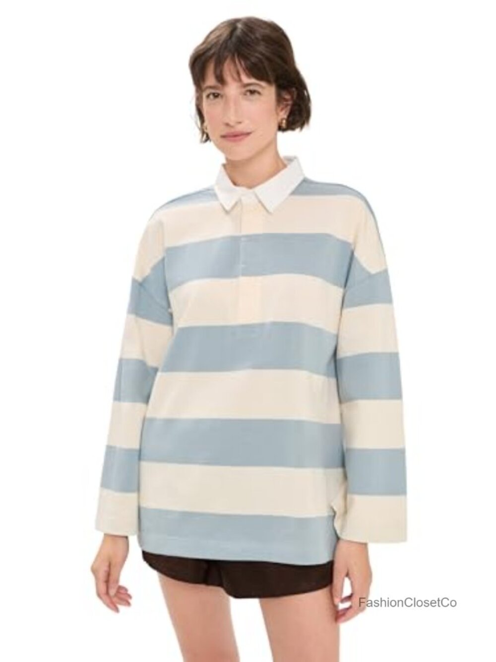 Women's Long Sleeve Rugby Polo Shirt Stripe Cotton Top
